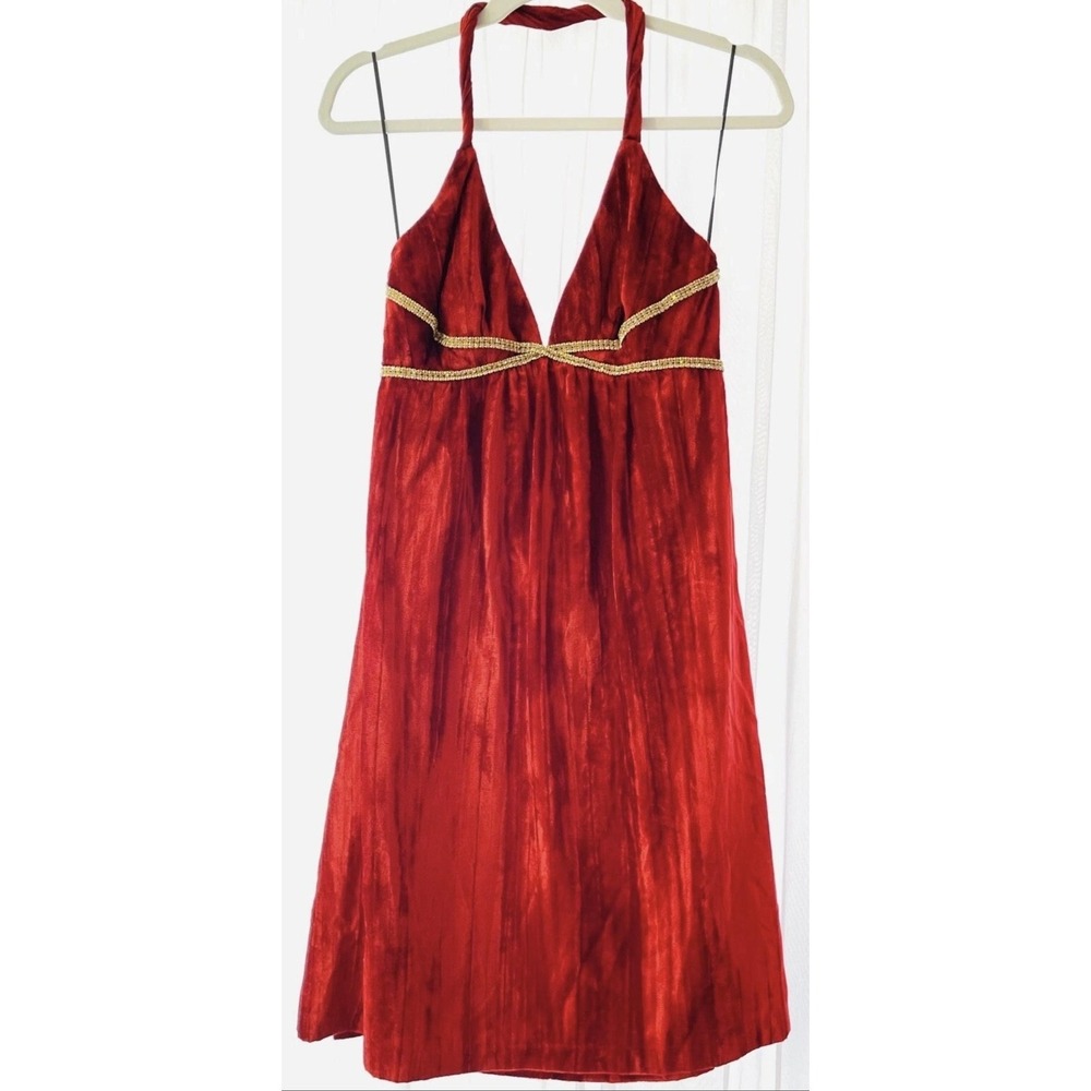 VTG A.B.S by Allen Schwartz Dress 6 Red Halter Empire Waist Rhinestone Velvet